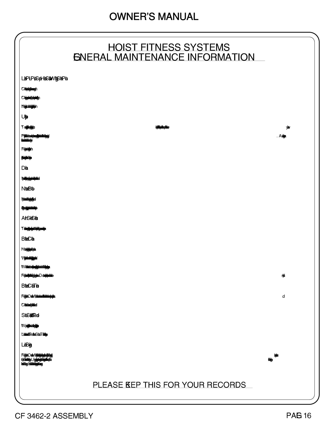 Hoist Fitness CF-3462-2 owner manual Hoist Fitness Systems General Maintenance Information 