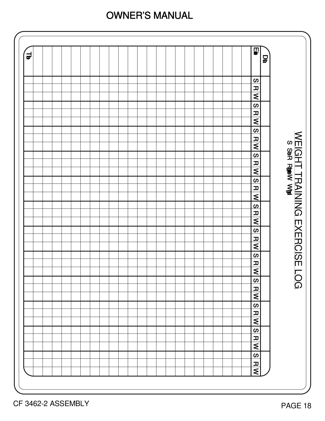 Hoist Fitness CF-3462-2 owner manual Weight Training Exercise LOG 