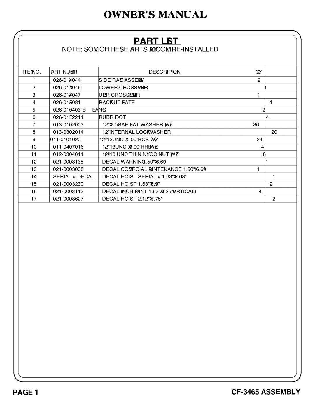 Hoist Fitness CF-3465 owner manual Part List, Rubber Foot 