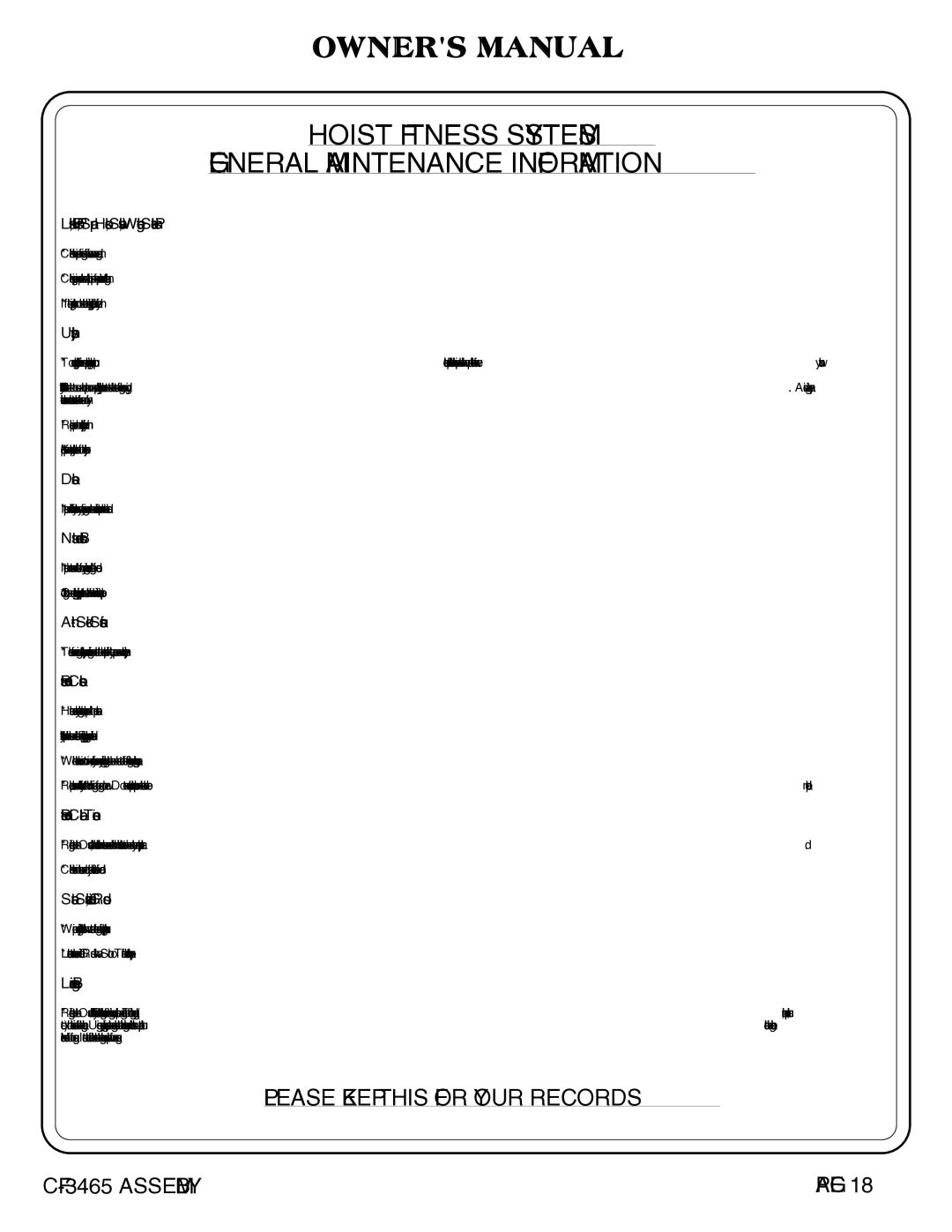 Hoist Fitness CF-3465 owner manual Hoist Fitness Systems General Maintenance Information 