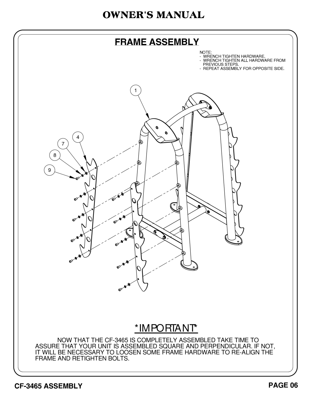 Hoist Fitness CF-3465 owner manual Frame Assembly 