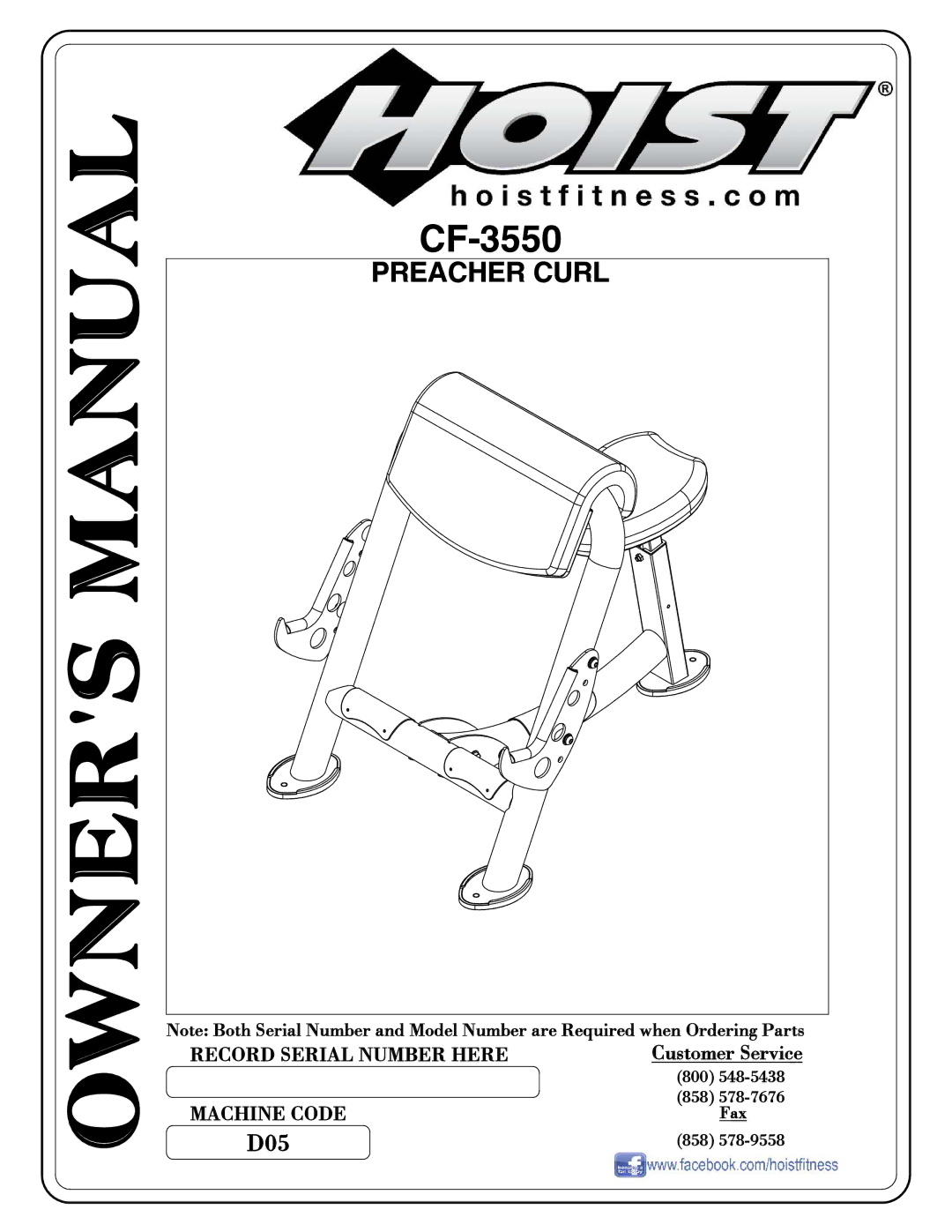 Hoist Fitness CF-3550 owner manual Preacher Curl 