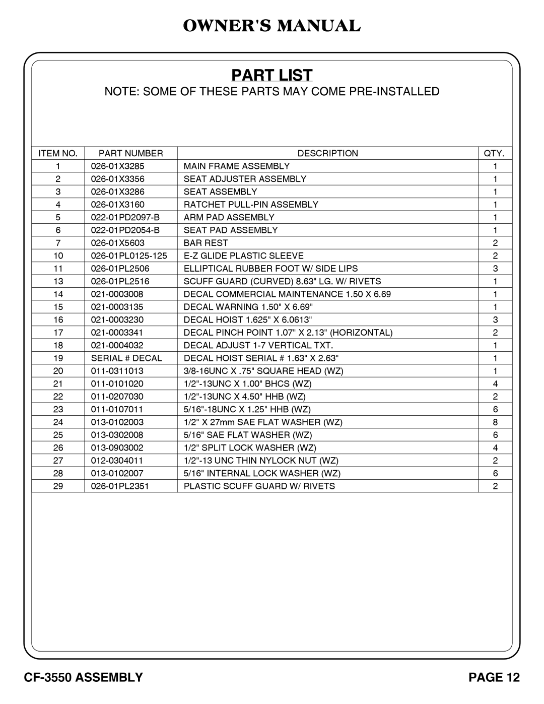 Hoist Fitness CF-3550 owner manual Part List, Decal Adjust 1-7 Vertical TXT Serial # Decal 