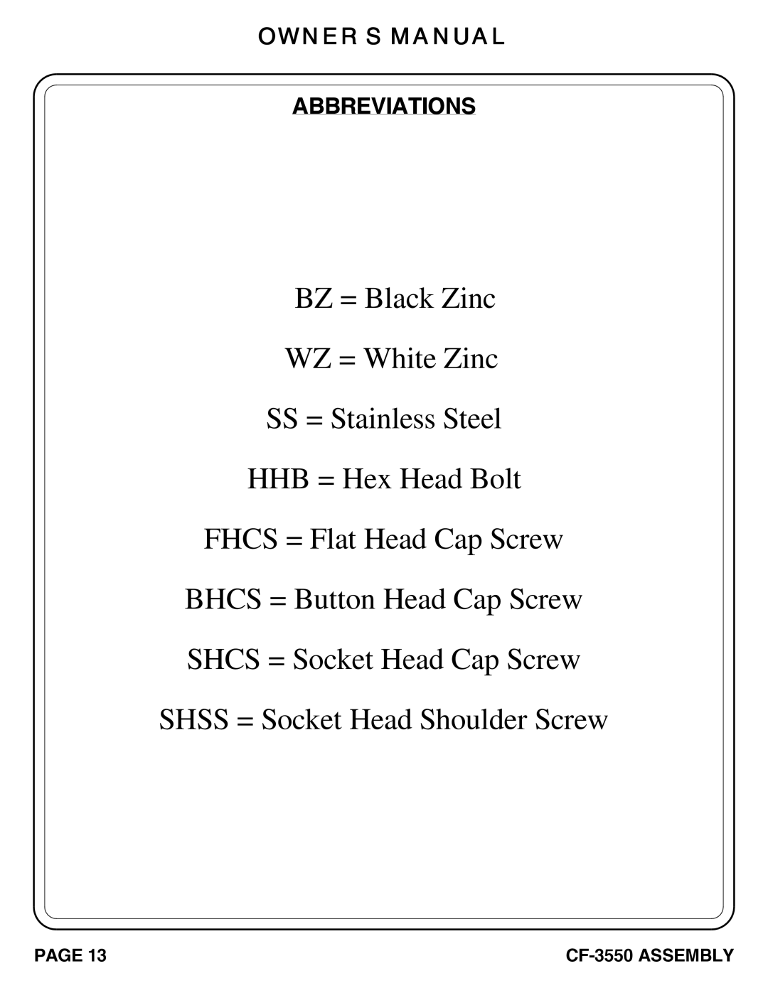 Hoist Fitness CF-3550 owner manual Abbreviations 