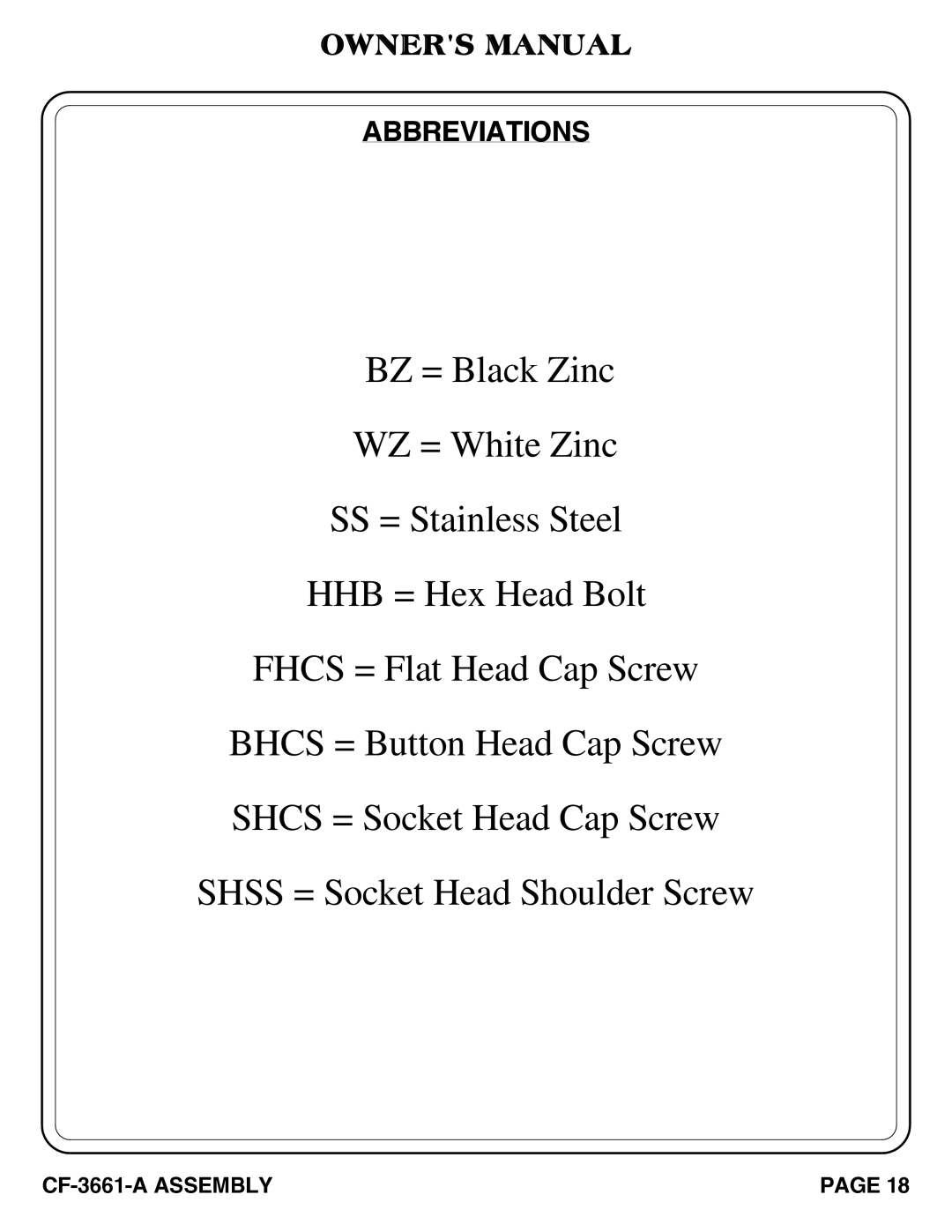 Hoist Fitness cf-3661-a owner manual Abbreviations 