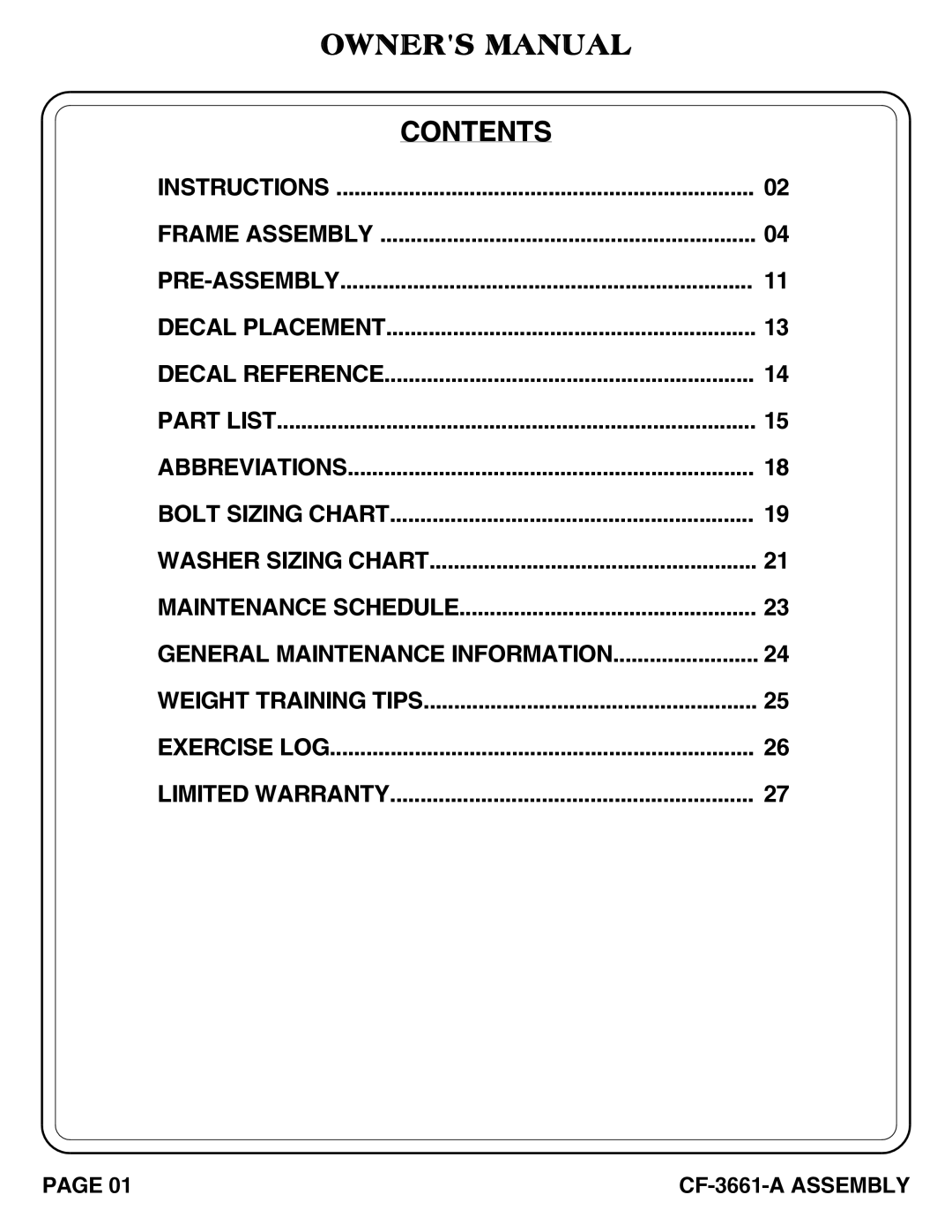 Hoist Fitness cf-3661-a owner manual Contents 