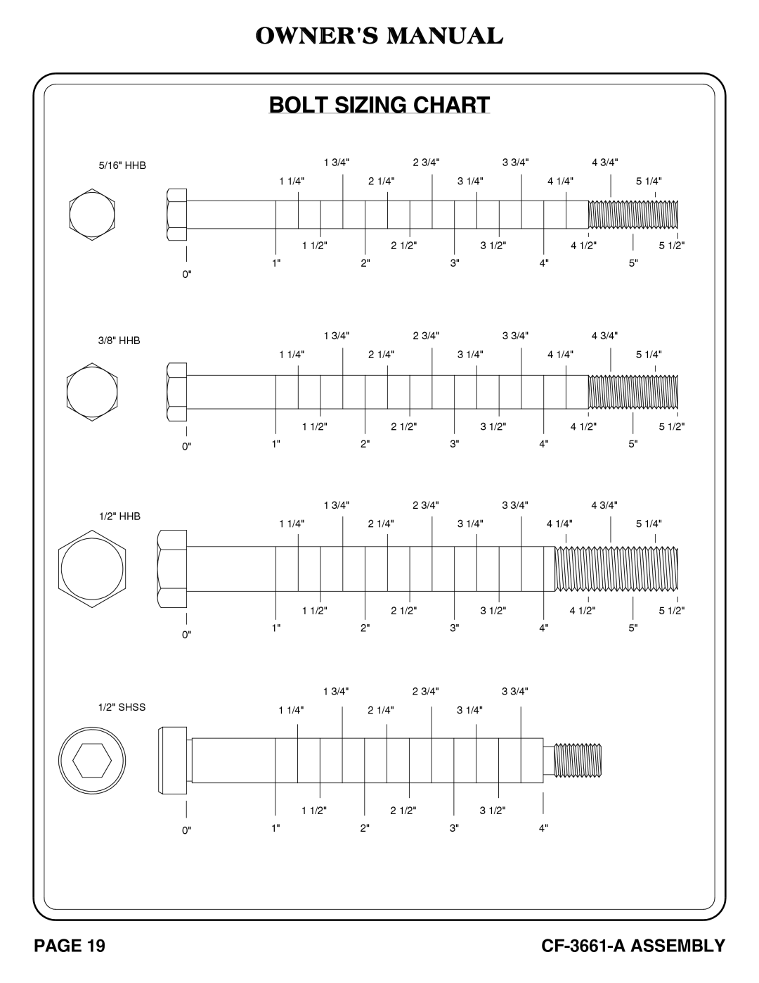 Hoist Fitness cf-3661-a owner manual Bolt Sizing Chart 