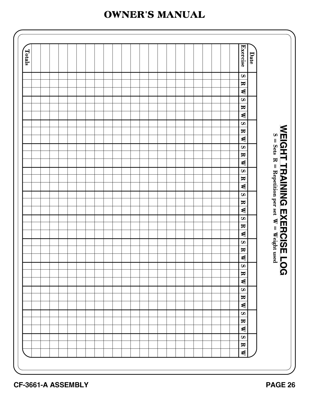 Hoist Fitness cf-3661-a owner manual Weight Training Exercise LOG 