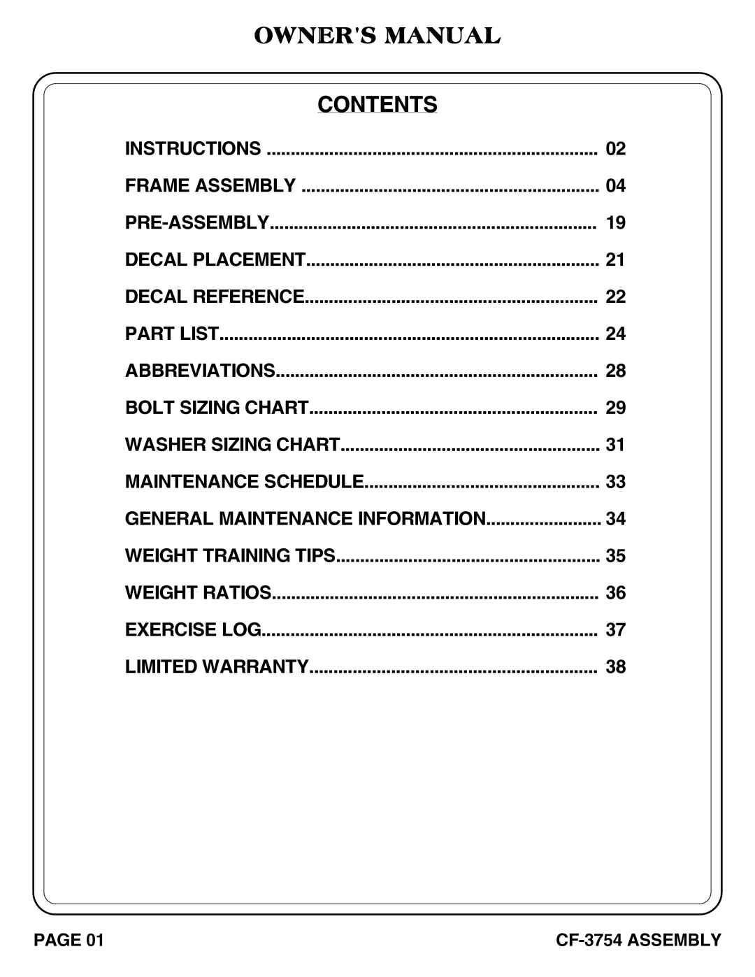 Hoist Fitness CF-3754 owner manual Contents 