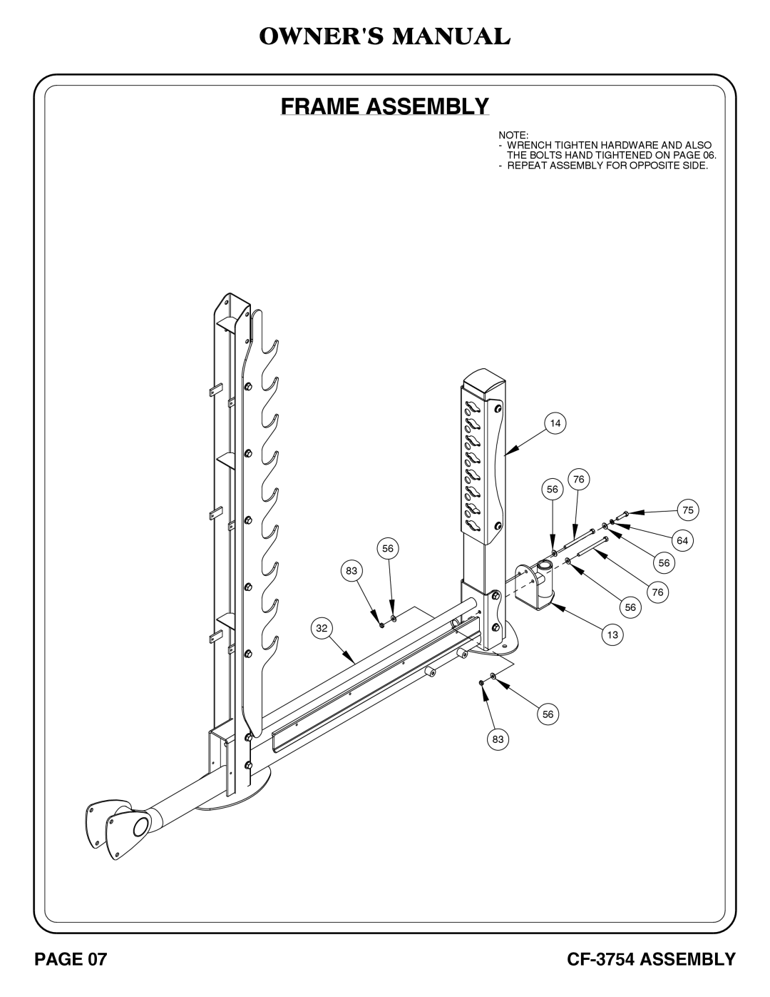 Hoist Fitness CF-3754 owner manual Frame Assembly 