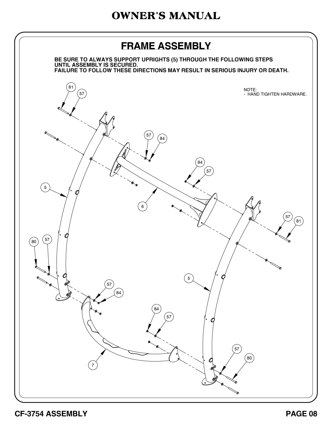 Hoist Fitness CF-3754 owner manual Hand Tighten Hardware 