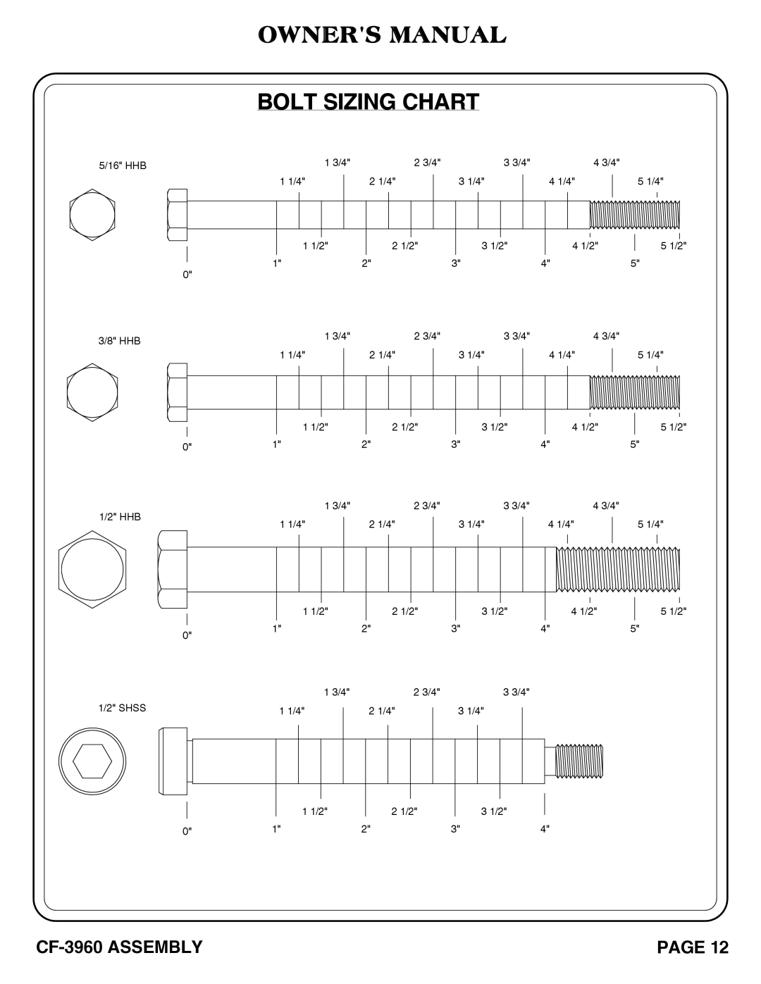 Hoist Fitness CF-3960 owner manual Bolt Sizing Chart 