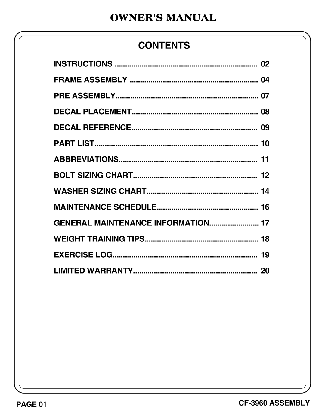 Hoist Fitness CF-3960 owner manual Contents 