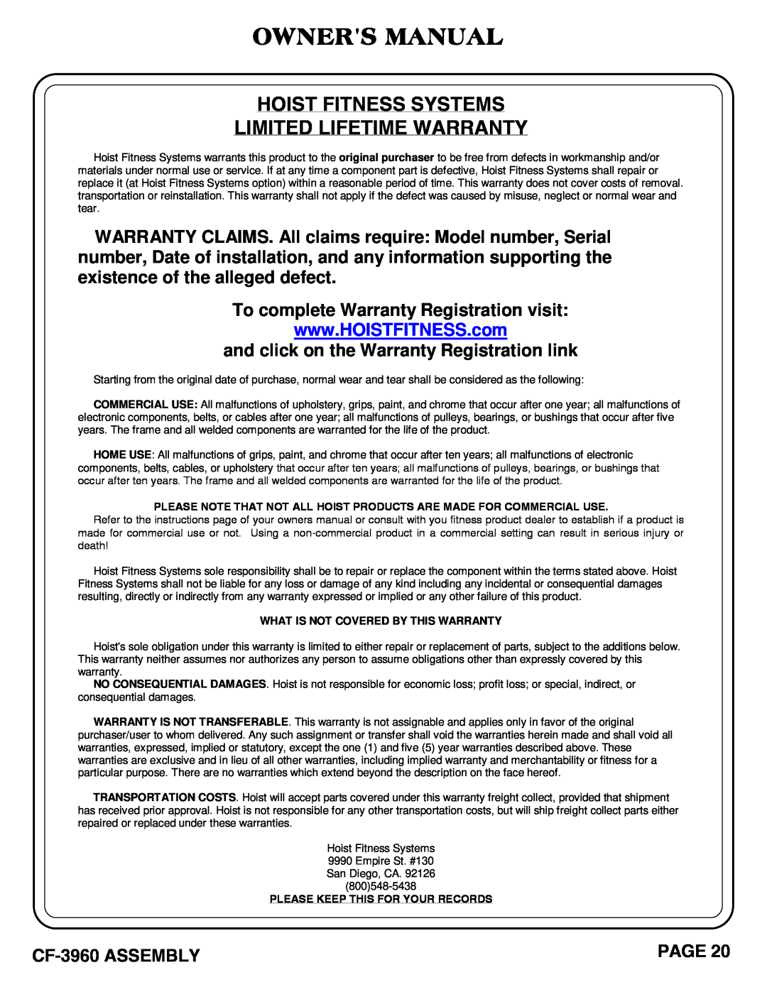 Hoist Fitness CF-3960 Hoist Fitness Systems Limited Lifetime Warranty, Page, What Is Not Covered By This Warranty 