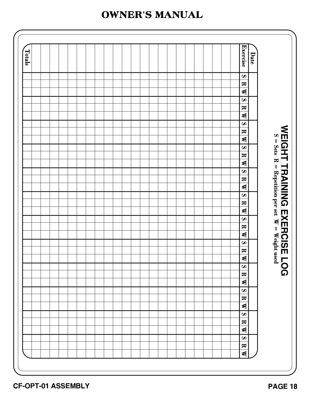 Hoist Fitness CF-OPT-01 owner manual Weight Training Exercise LOG 