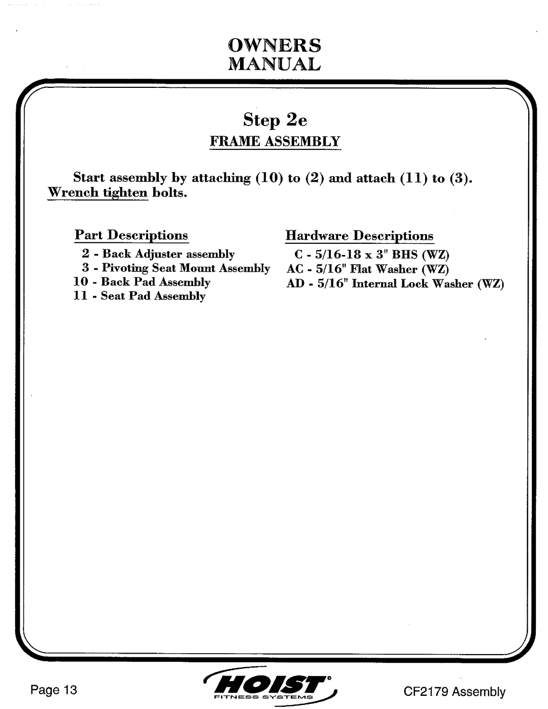 Hoist Fitness CF2179 manual 