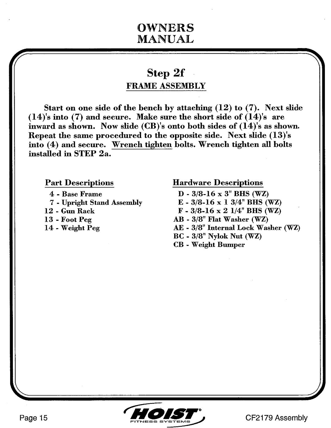 Hoist Fitness CF2179 manual 