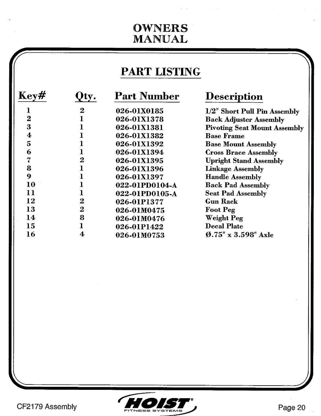 Hoist Fitness CF2179 manual 