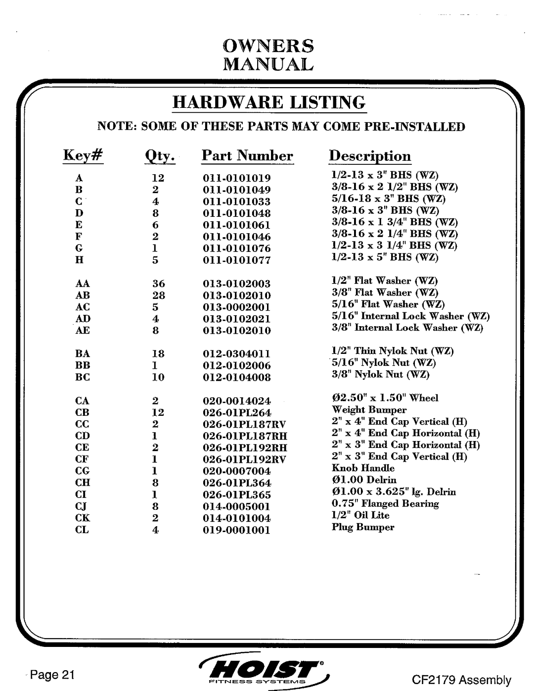 Hoist Fitness CF2179 manual 