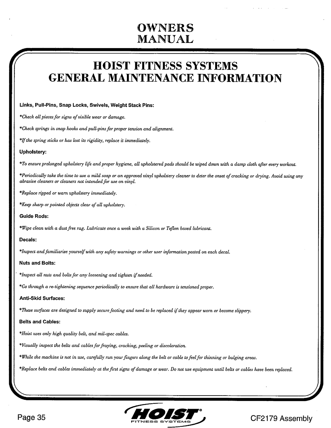 Hoist Fitness CF2179 manual 