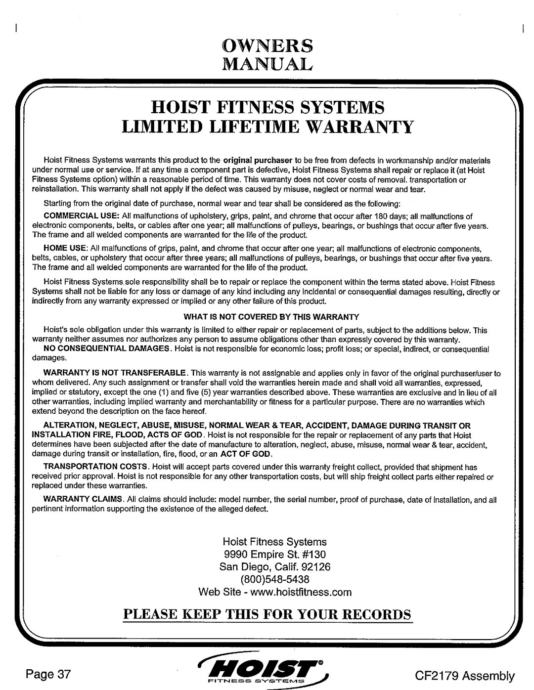 Hoist Fitness CF2179 manual 