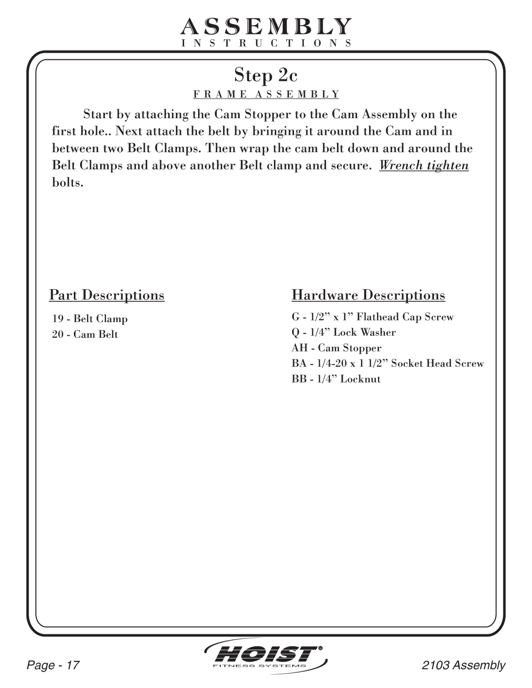 Hoist Fitness CL-2103 owner manual BB 1/4 Locknut 