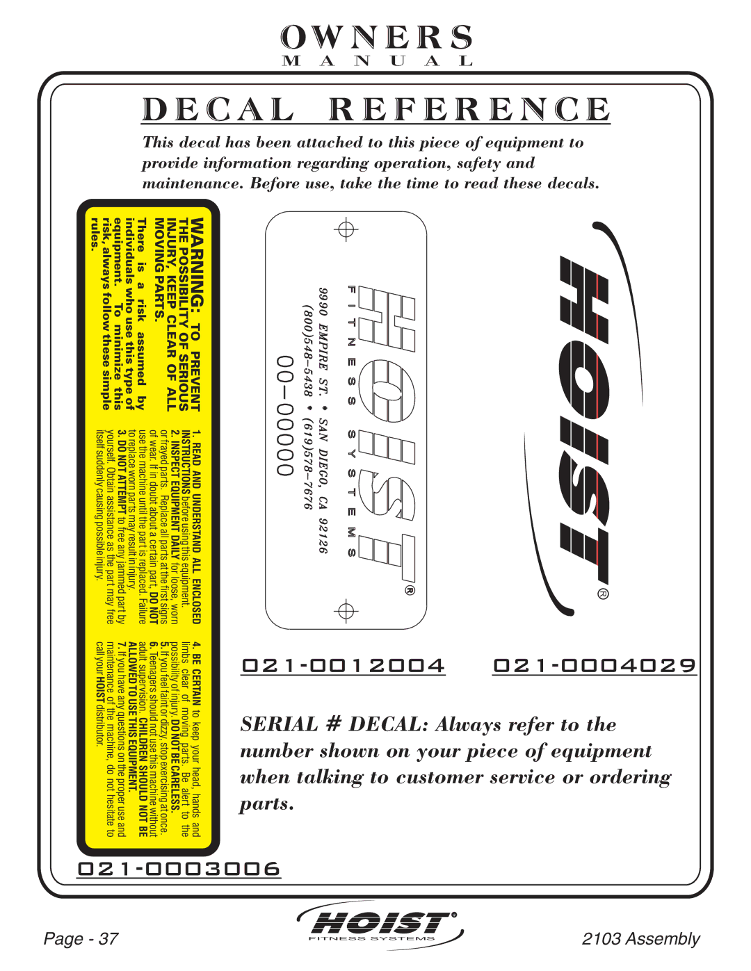 Hoist Fitness CL-2103 owner manual Hoist R 