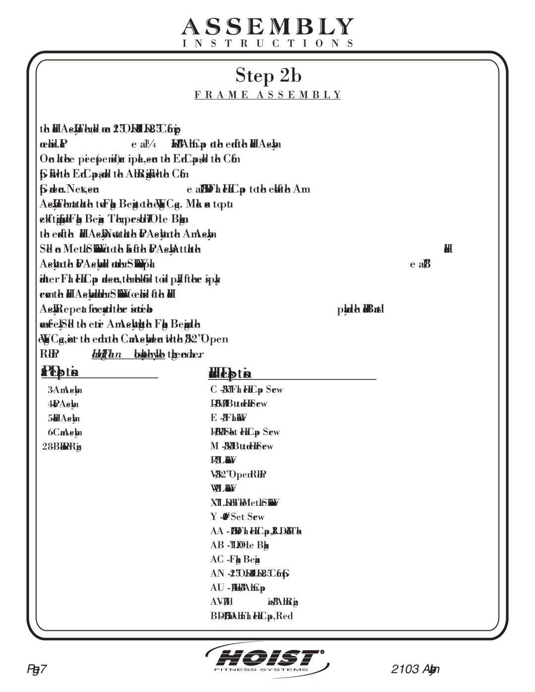 Hoist Fitness CL-2103 owner manual Part Descriptions 