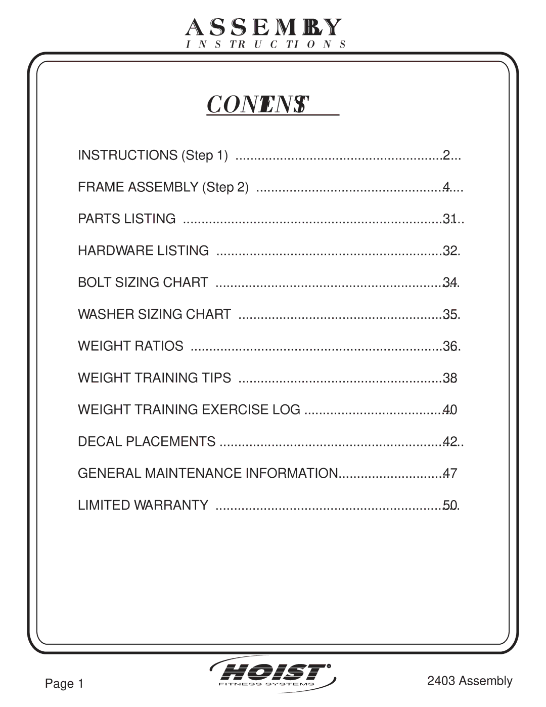 Hoist Fitness CL-2403 owner manual Contents 