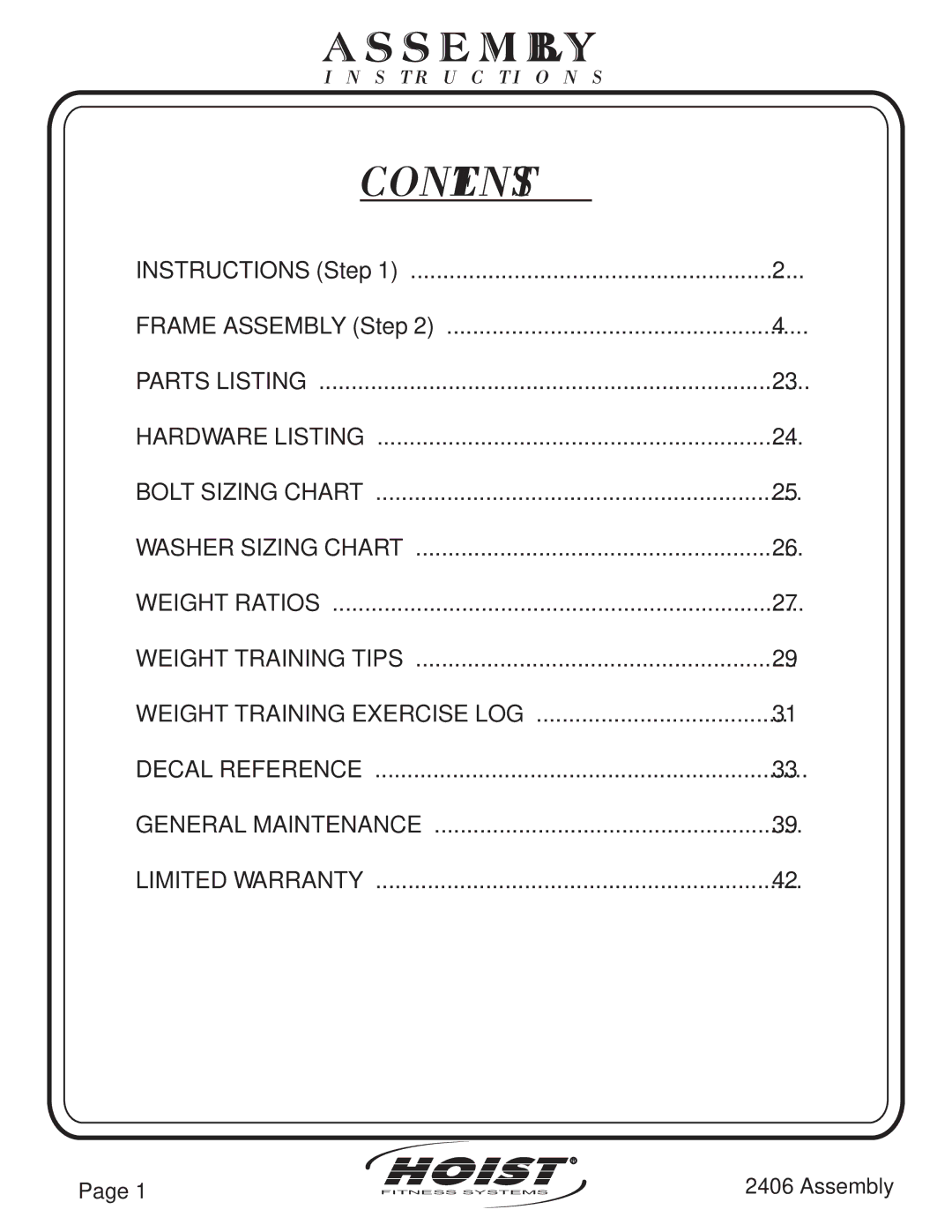 Hoist Fitness CL-2406 owner manual Contents 