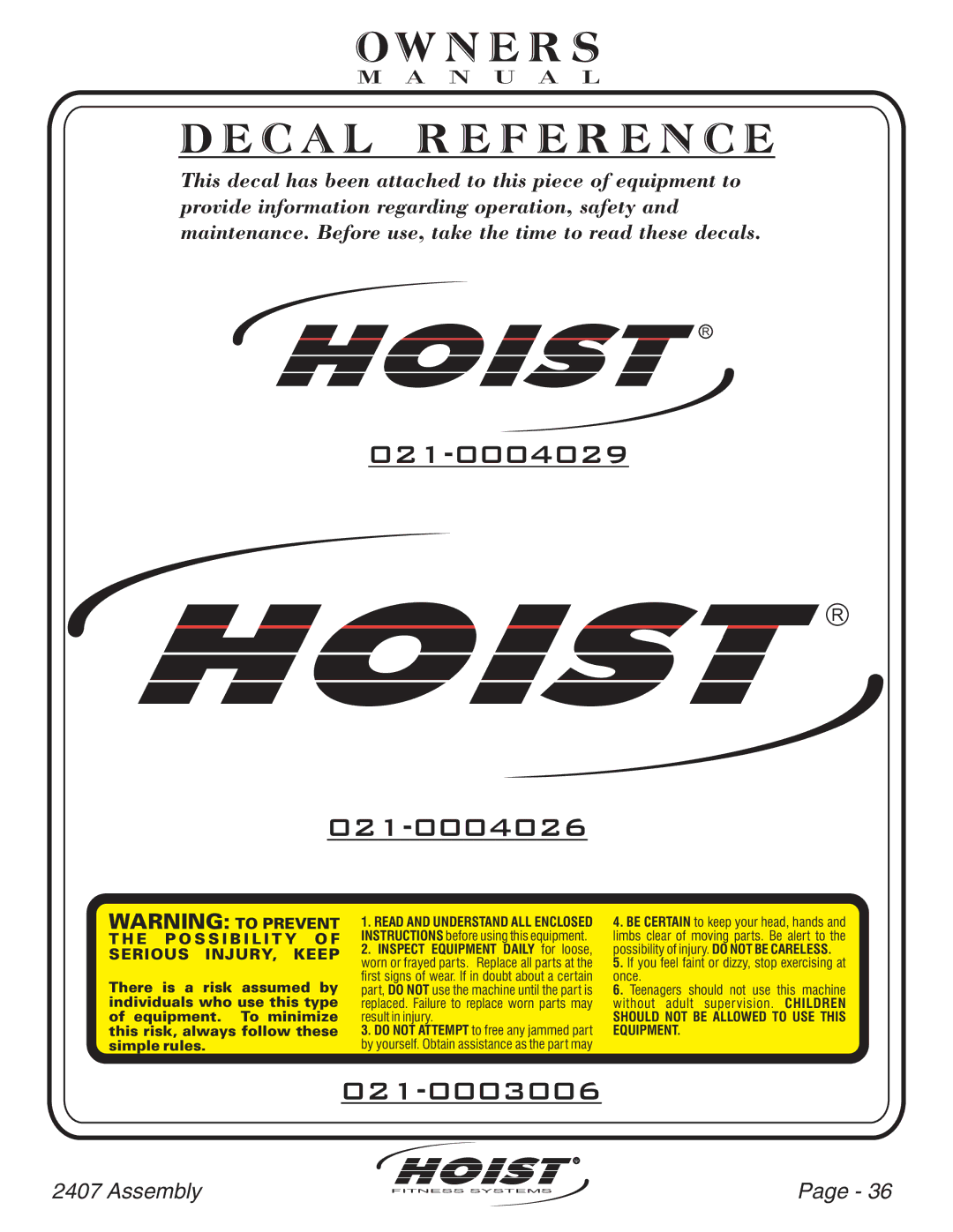 Hoist Fitness CL-2407 owner manual Hoist 