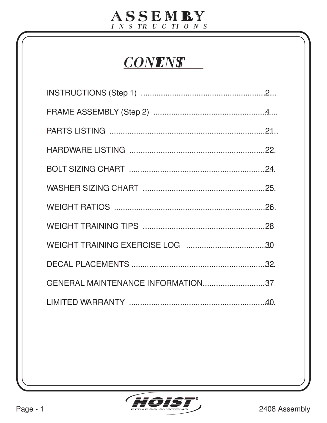 Hoist Fitness CL-2408 owner manual Contents 