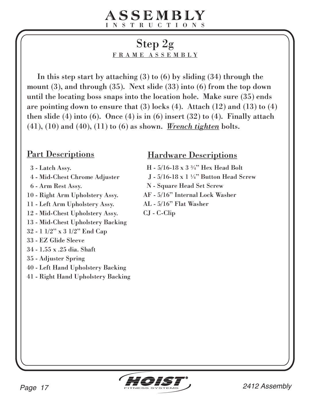 Hoist Fitness CL-2412 owner manual Hardware Descriptions 