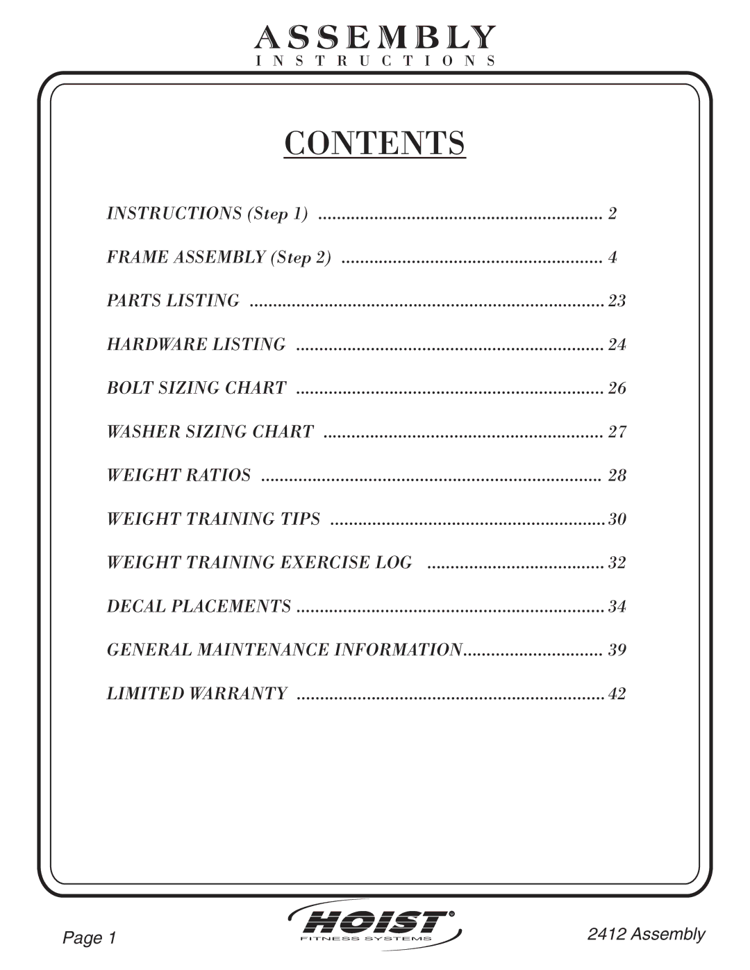 Hoist Fitness CL-2412 owner manual Contents 