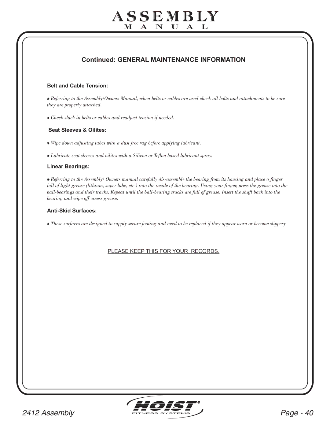 Hoist Fitness CL-2412 owner manual General Maintenance Information 