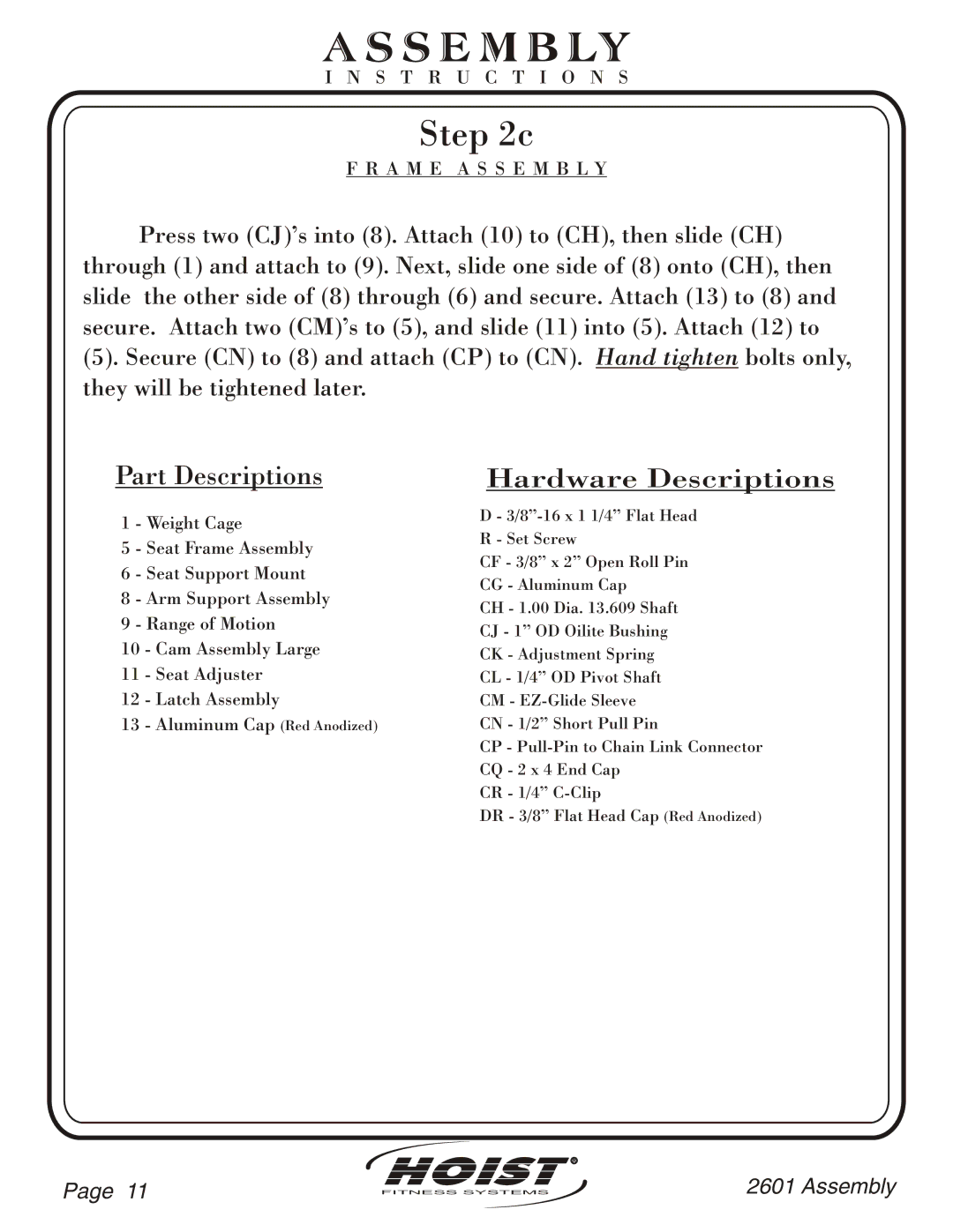 Hoist Fitness CL-2601 owner manual Part Descriptions 