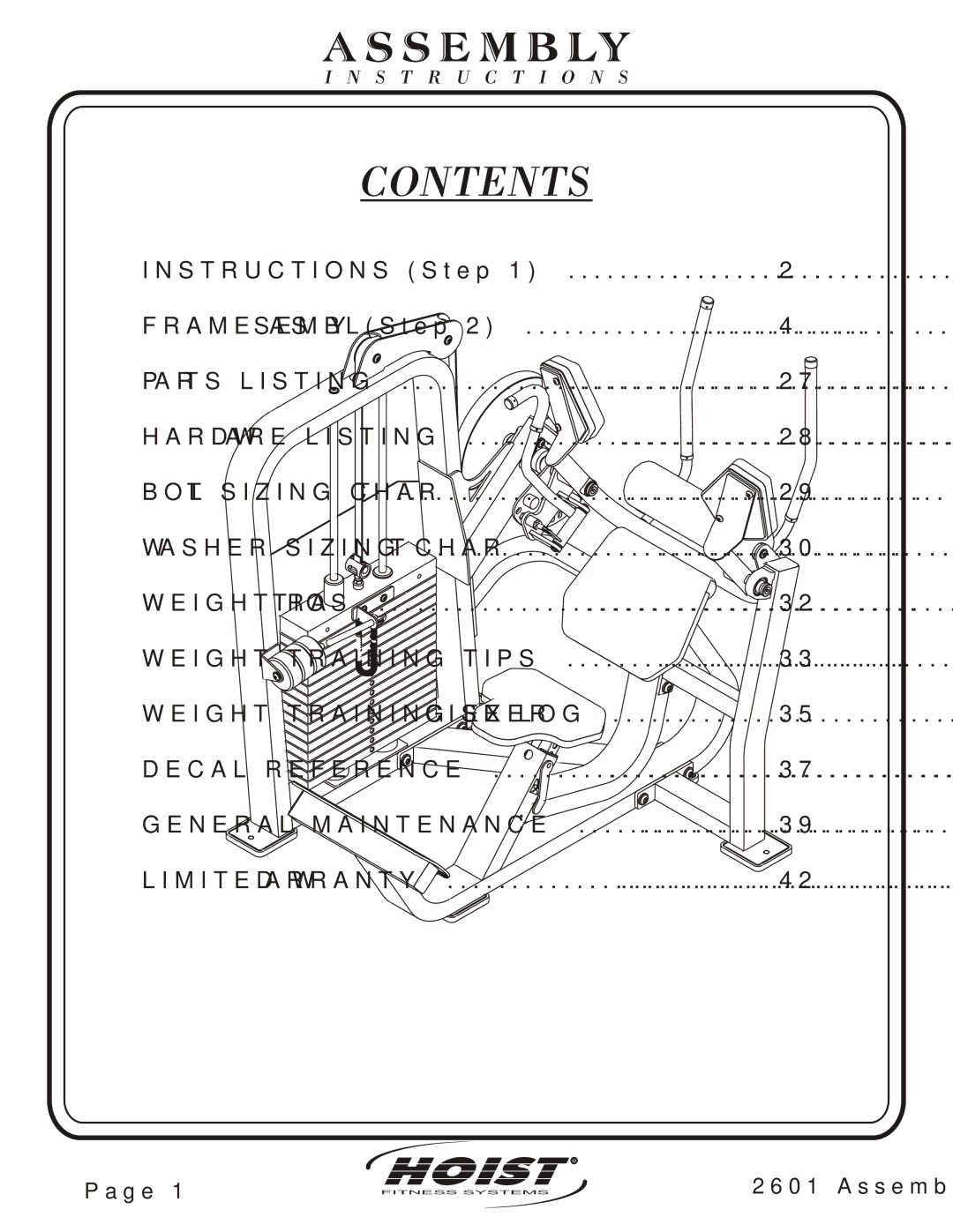 Hoist Fitness CL-2601 owner manual Contents 