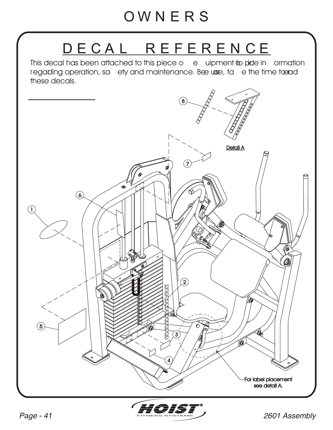 Hoist Fitness CL-2601 owner manual C a L R E F E R E N C E 