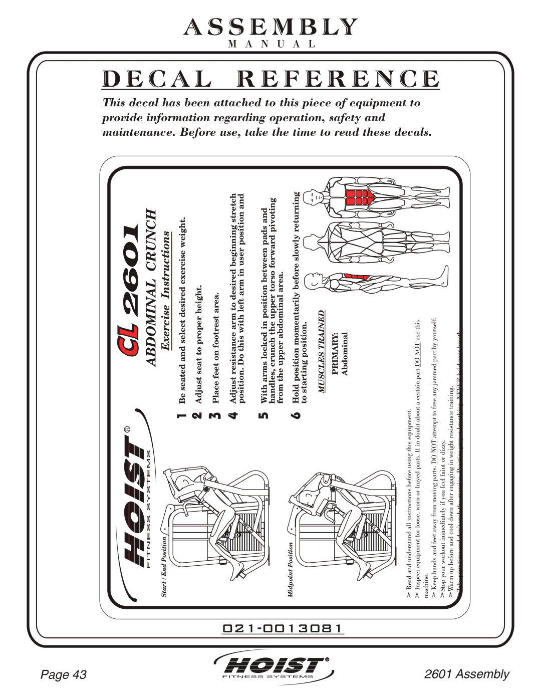 Hoist Fitness CL-2601 owner manual Hoist 