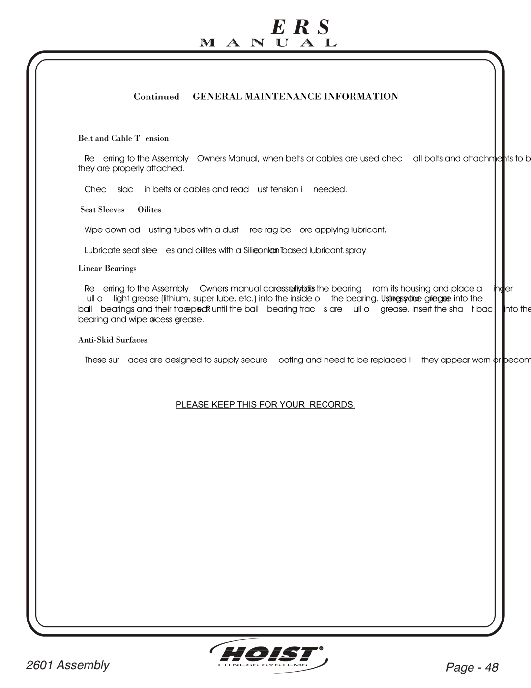 Hoist Fitness CL-2601 owner manual General Maintenance Information 