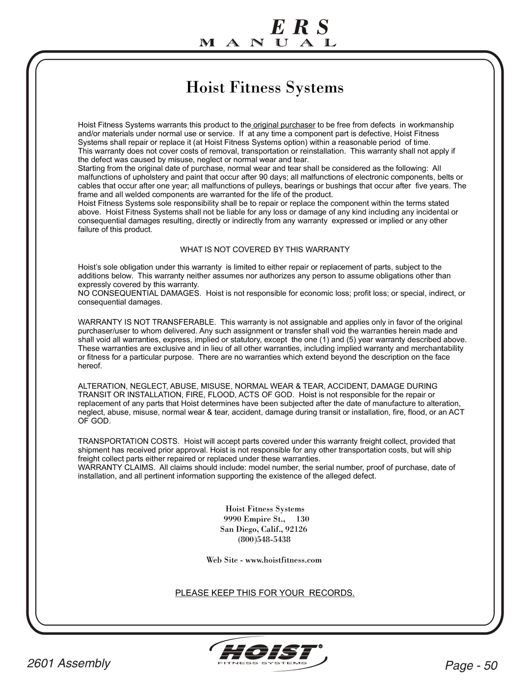 Hoist Fitness CL-2601 owner manual Hoist Fitness Systems 