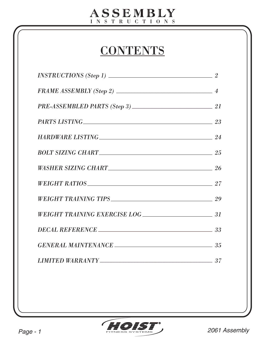 Hoist Fitness CL2061 owner manual Contents 