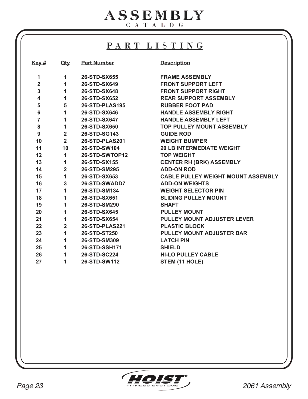 Hoist Fitness CL2061 owner manual R T L I S T I N G 