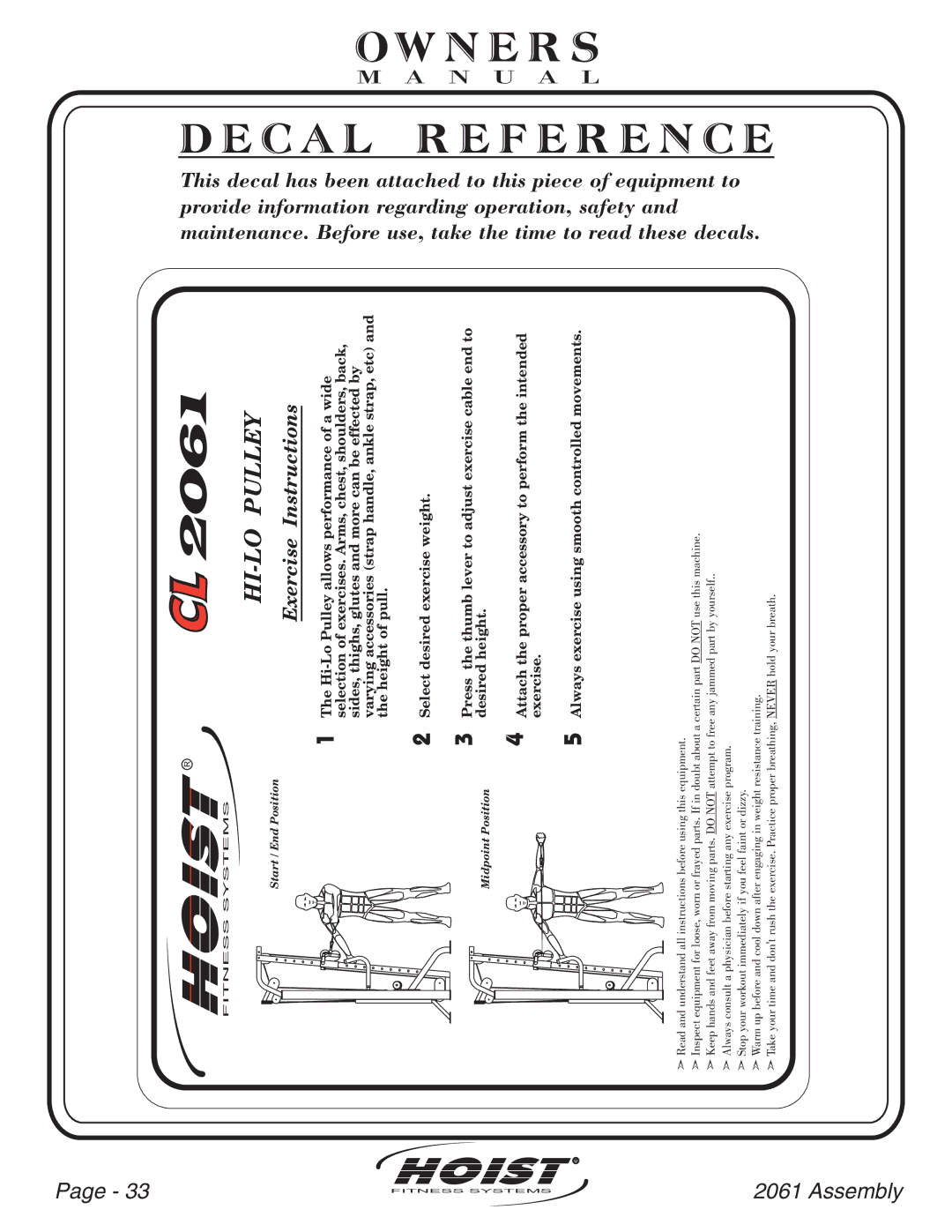 Hoist Fitness CL2061 owner manual Hoist 