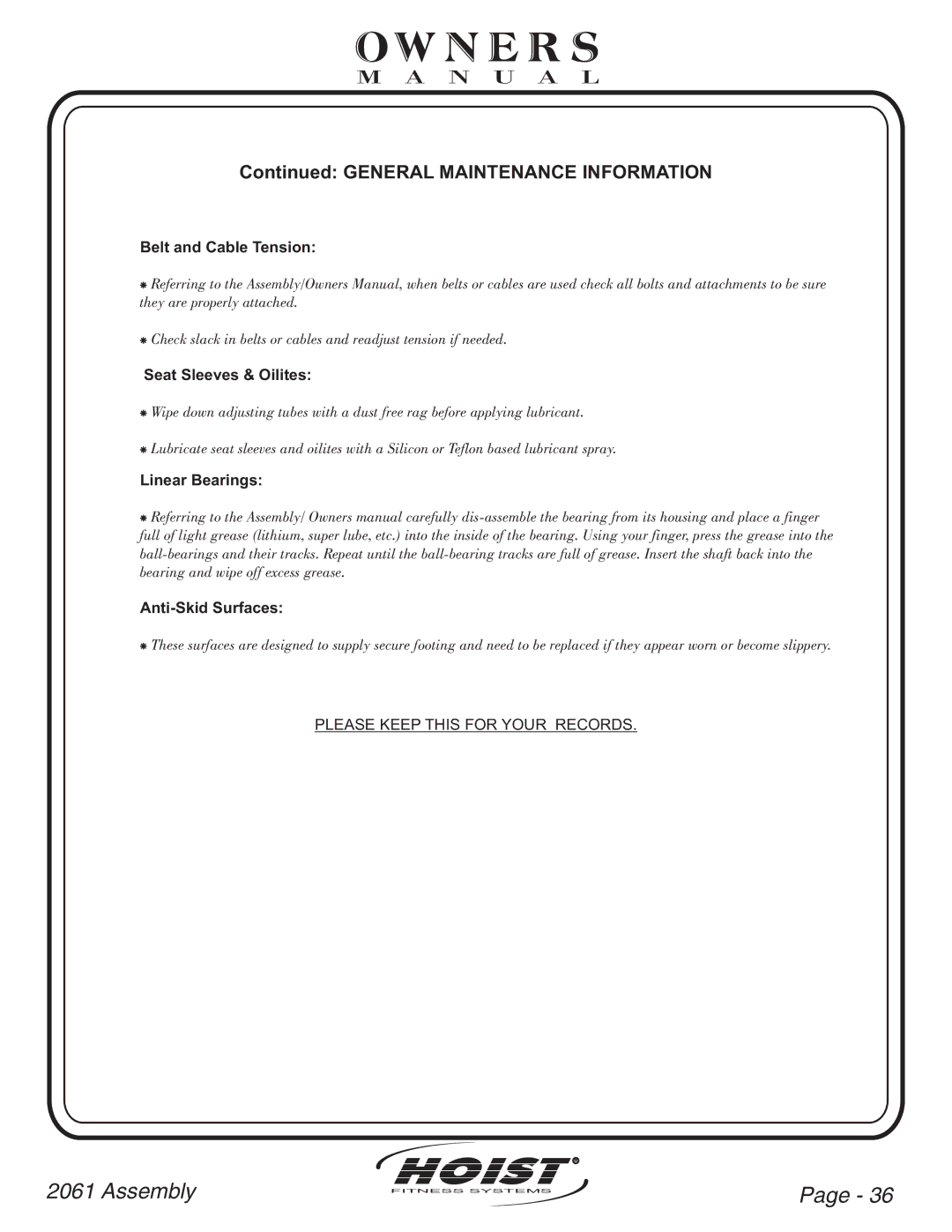 Hoist Fitness CL2061 owner manual General Maintenance Information 