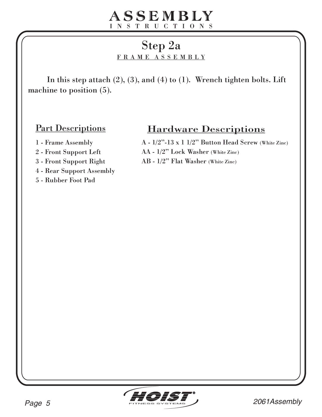 Hoist Fitness CL2061 owner manual Part Descriptions Hardware Descriptions 