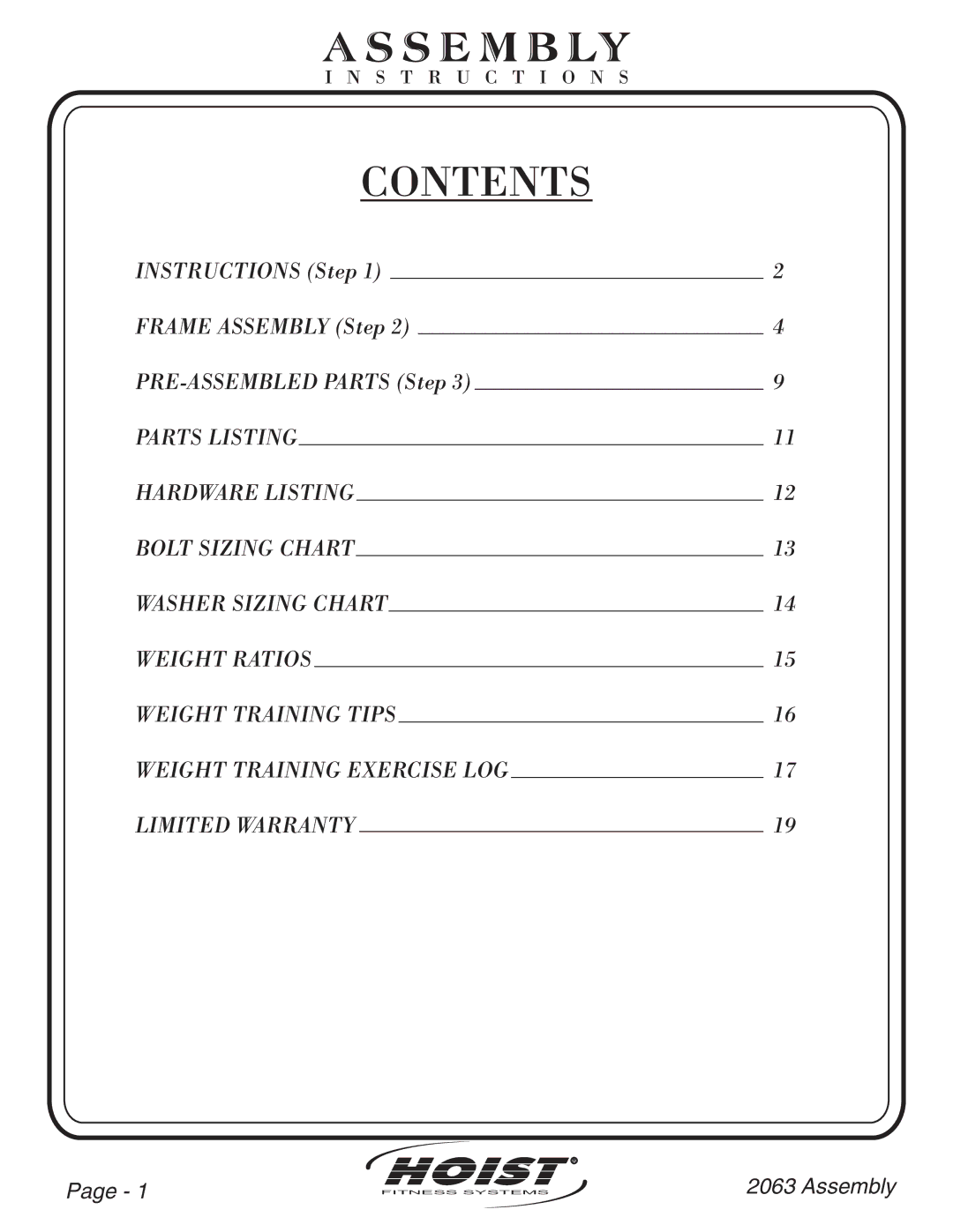 Hoist Fitness CL2063 owner manual Contents 