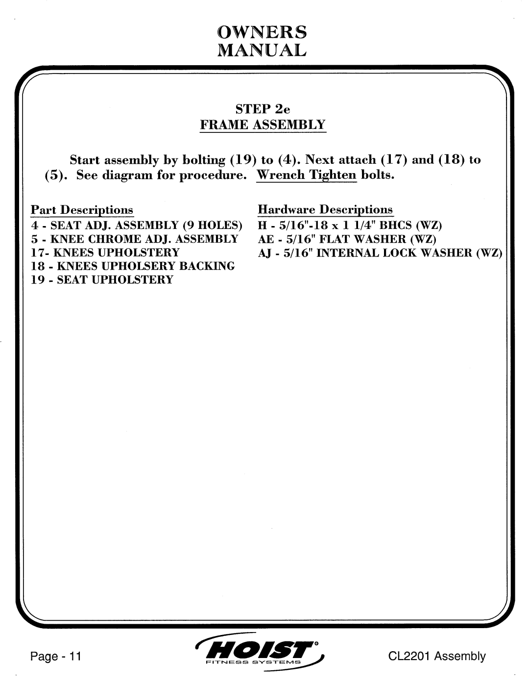 Hoist Fitness CL2201 manual 