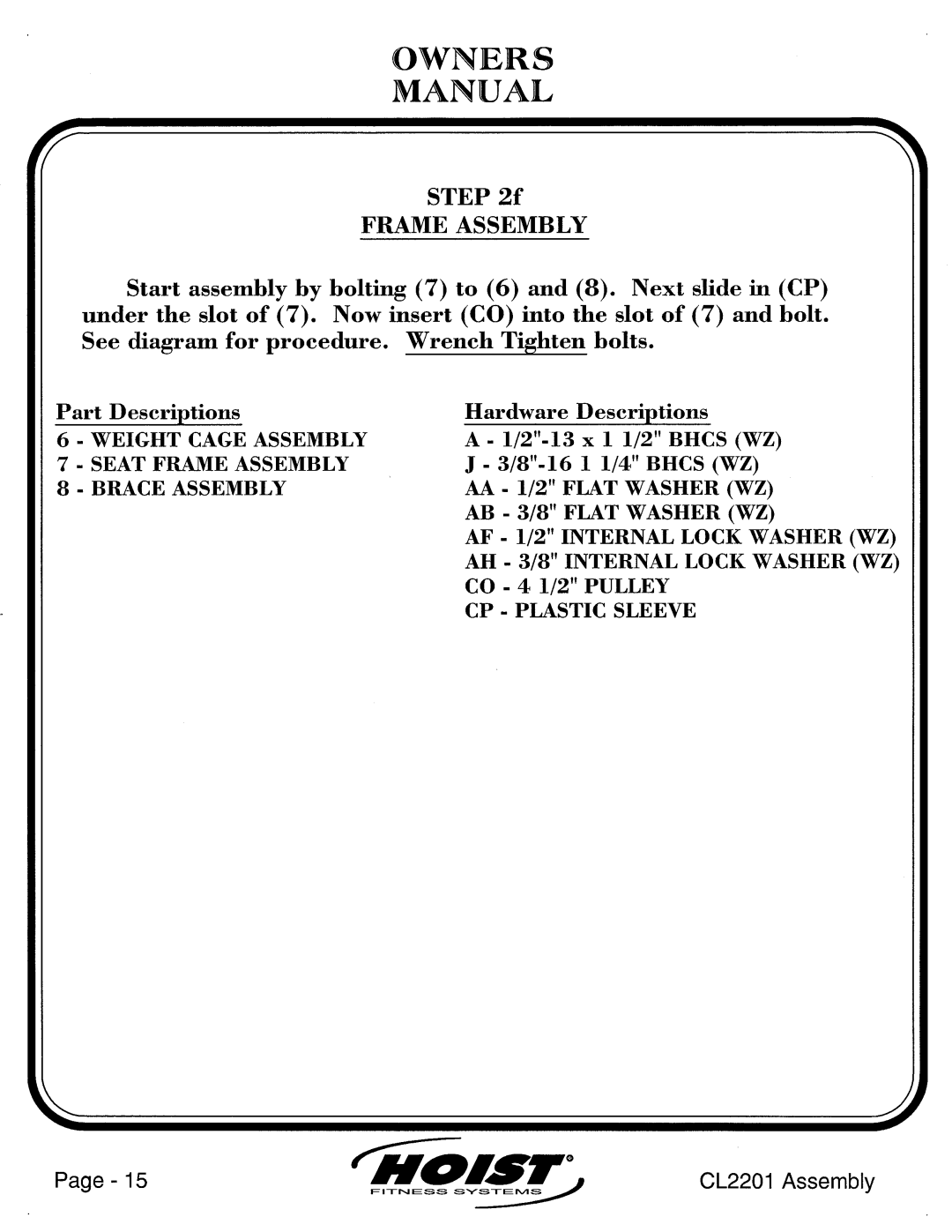 Hoist Fitness CL2201 manual 