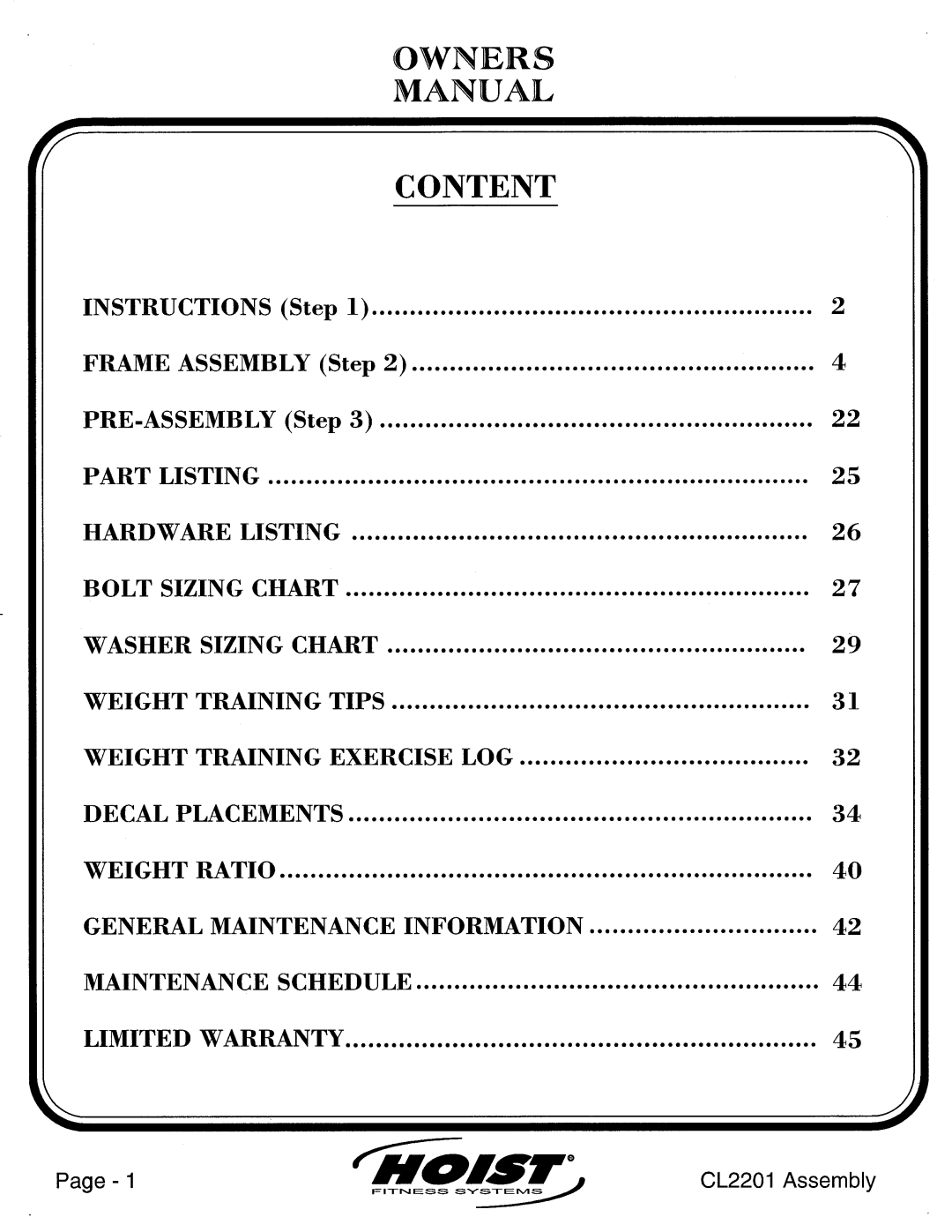 Hoist Fitness CL2201 manual 